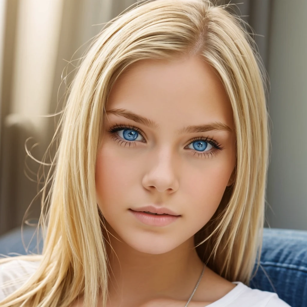 A young 19-year-old women, blonde hair, blue eyes.
