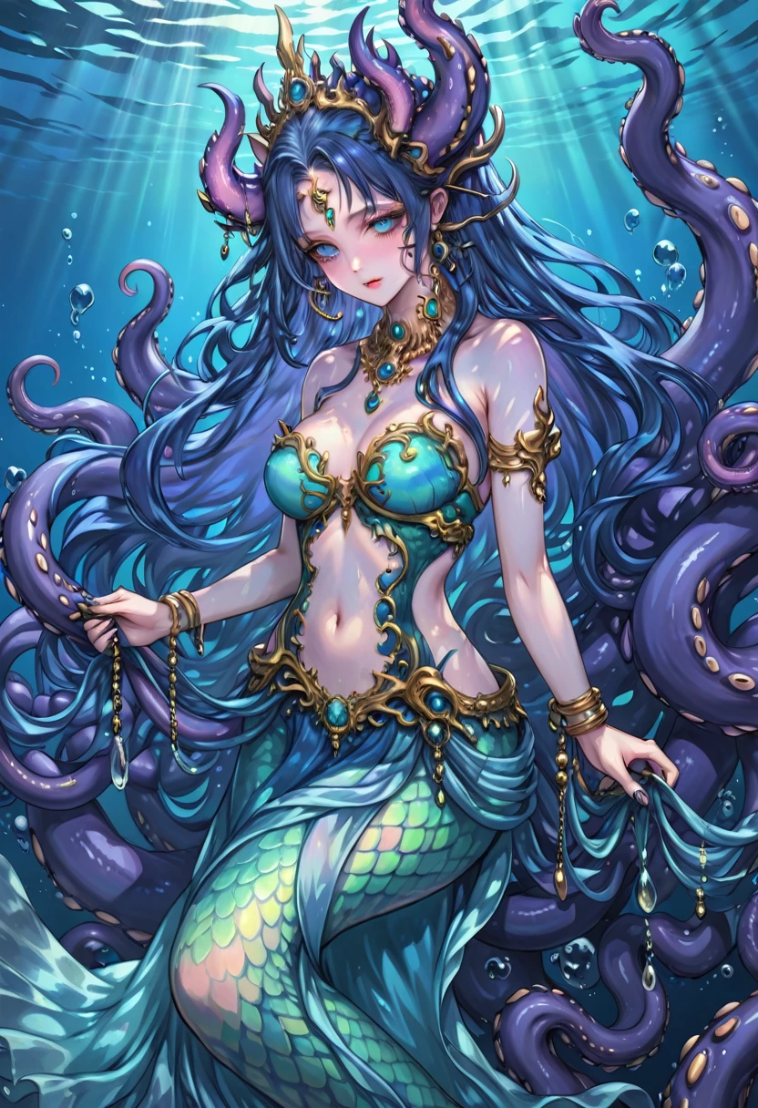 [translucent:opal:0.5], High quality bust，Only need to appear above the waist，No legs appear，The character needs to enter from the waist up，Reflective Transparent Opaque See-through Sarong, krakens, Long hair, 白色Long hair，Mermaid, Goddess of the sea, Ocean Goddess，Tentacles, Full face blush, Intricate details, light, excellent quality, Amazing shadows, Detailed description, Official Artwork, wallpaper, Official Art, Extremely detailed eyes and face, Beautiful and delicate eyes, black eyes, ((masterpiece, best quality)), from the side, whole body, Hook of Holland, Umbilical cord,Half-body image,