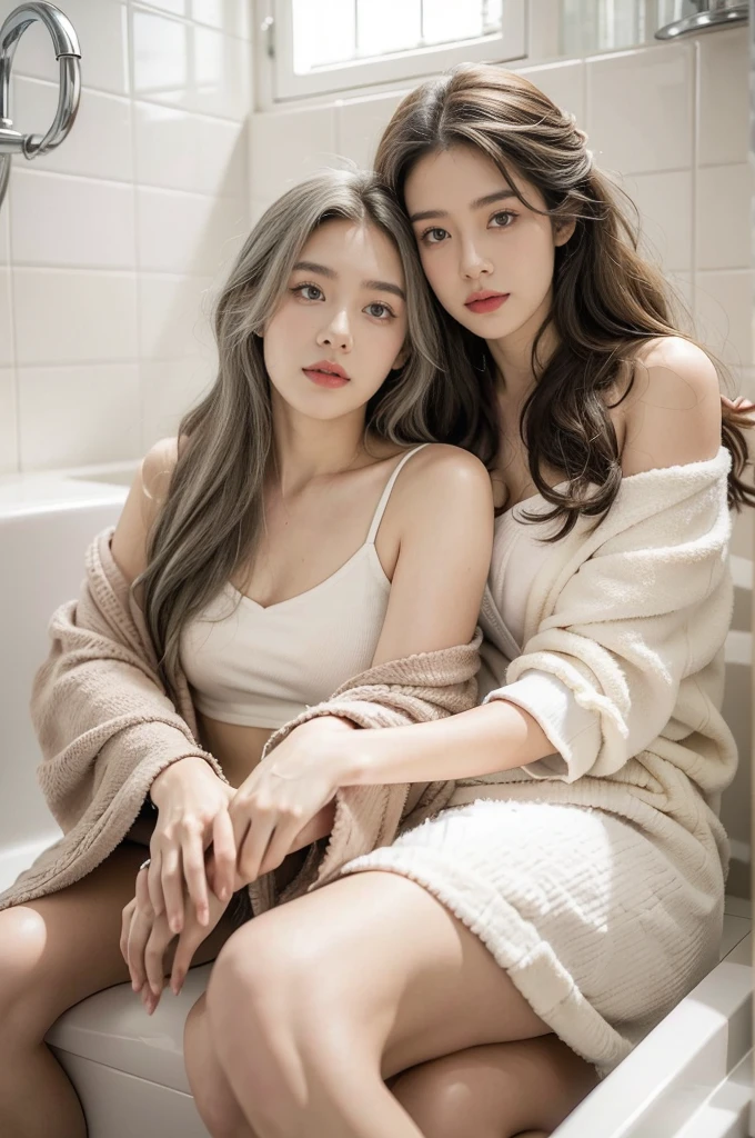 (((best quality))),(((ultra detailed))),(((masterpiece))),illustration,1girl,young,beautiful,bath towel,sun-lit bathroom,pastel-colored tiles,modern fixtures,elderly man,silver hair,neatly groomed mustache,weathered skin,plain white shirt,well-worn slippers,warmth in eyes,stories and experiences,youthful vitality,damp hair,loose waves,radiant skin,sparkling eyes,mischievousness,tranquil atmosphere,playful nature,sunlight,warm glow,intricate tile work,steam rising from bathtub,mid-sentence,animated hands,telling a story,listening intently,meaningful interaction,age difference,enduring power of human connection,respect,affection,beauty of human relationships,profound impact,reminder that age is just a number