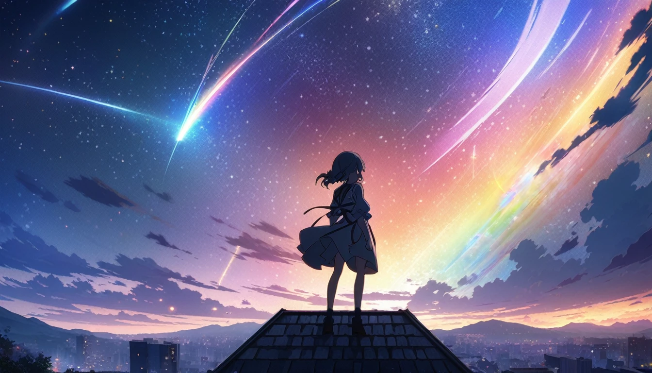 anime girl standing on rooftop looking at night sky with stars and rainbow, rainbow starry night, anime wallpaper 4k, anime wallpaper 4 k, 4k anime wallpaper, anime art wallpaper 8 k, anime art wallpaper 4k, anime art wallpaper 4 k, anime style 4 k, makoto shinkai cyril rolando, 4 k manga wallpaper, anime wallpaper, amazing wallpaper, shooting stars