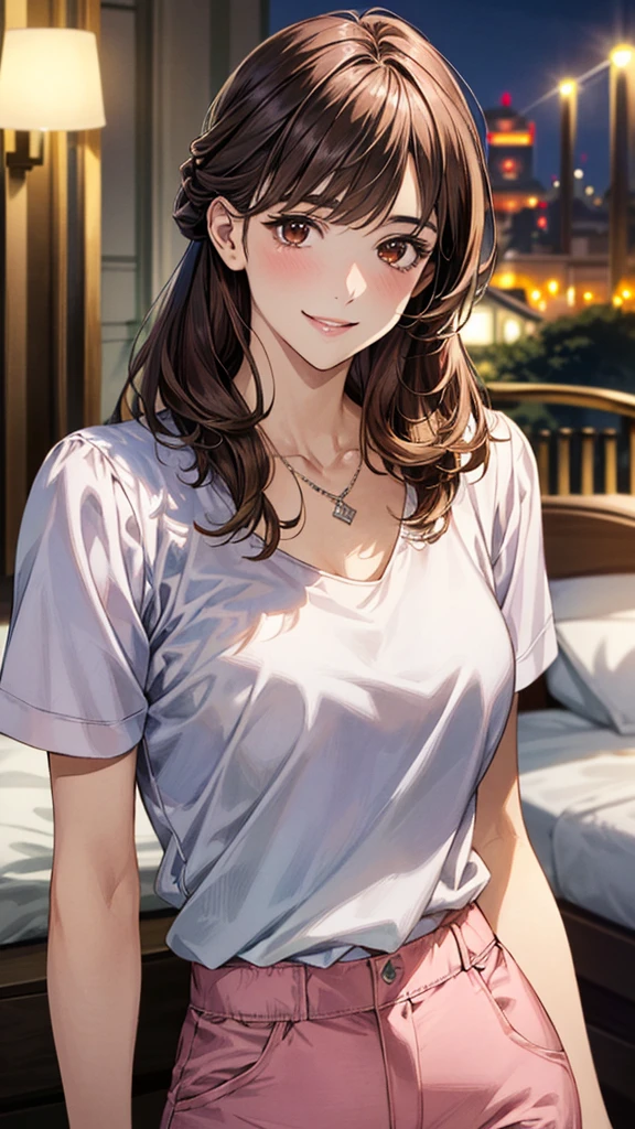 (masterpiece:1.3, Highest quality, Ultra-high resolution, Very detailed), (Realistic, photoRealistic:1.4), Beautiful illustrations, Perfect lighting, colorful, Written boundary depth, 
Beautiful detailsまでこだわった髪, Beautifully detailed face, Beautiful details, Beautiful clavicle, Beautiful body, Beautiful breasts, Beautiful thighs, Beautiful legs, Beautiful fingers, 
Show Viewer、Front view:0.6, beauty1人, Japanese, beauty、30 years old, Perfect Face, (Perfect Anatomy, Anatomically correct), Cute and symmetrical face, Baby Face, , Shiny skin, 
(Pink short sleeve blouse:1.4)、(Long pants:1.4)、
(Dark brown hair, Updo Hair:1.4),  Dark brown eyes, The body is slim, 
necklace、
(Beautiful views), (night), (Hotel room),、seductively posing、 優しいsmile、(smile, Lips parted), 