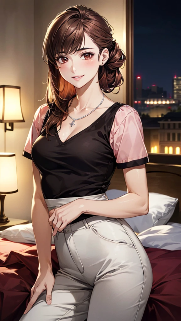 (masterpiece:1.3, Highest quality, Ultra-high resolution, Very detailed), (Realistic, photoRealistic:1.4), Beautiful illustrations, Perfect lighting, colorful, Written boundary depth,
Beautiful detailsまでこだわった髪, Beautifully detailed face, Beautiful details, Beautiful clavicle, Beautiful body, Beautiful breasts, Beautiful thighs, Beautiful legs, Beautiful fingers,
Show Viewer、Front view:0.6, beauty1人, Japanese, beauty、30 years old, Perfect Face, (Perfect Anatomy, Anatomically correct), Cute and symmetrical face, , , Shiny skin,
(Pink short sleeve blouse:1.4)、(Long pants:1.4)、
(Dark brown hair, Updo Hair:1.4), Dark brown eyes, The body is slim,
necklace、
(Beautiful views), (night), (Hotel room),、seductively posing、 優しいsmile、(smile, Lips parted),