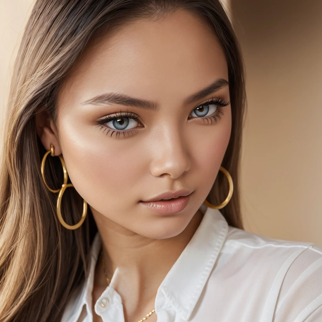 A young 19-year-old woman named Lila Nakamura with a Northern European heritage. She has thick dark black eyeliner, glossy lips, and a cute, endearing expression. She has straight, beautiful blonde hair that falls just past her shoulders, styled in a neat and polished manner. Her eyes are almond-shaped with a light, striking blue color, accentuated by subtle eyeshadow and mascara. Her skin has a light tone with a natural, fresh look. She is wearing a simple, professional outfit, consisting of a white blouse and dark jeans, and accessorized with small gold hoop earrings. The background is a neutral studio setting with soft lighting to highlight her features.