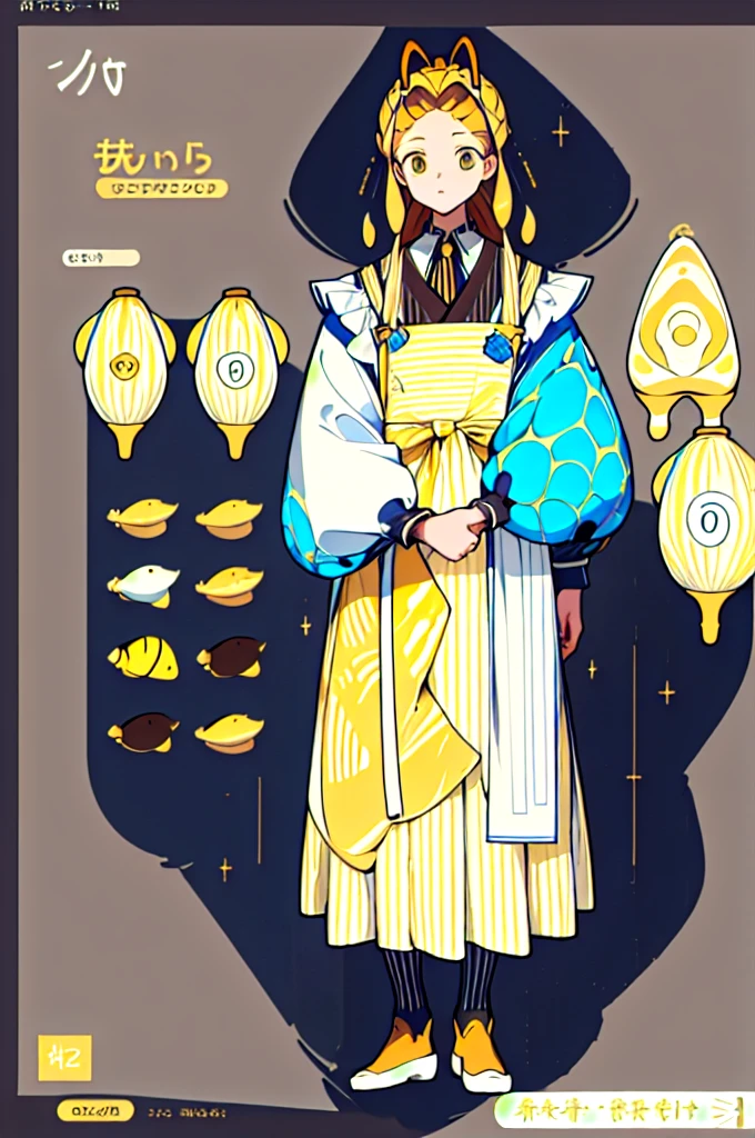 (Golden Ratio:1.2),[White background:1.4)::10],(masterpiece), (Highest quality), (Super detailed),制Clothing design、Clothing design、apron、sweets屋さんの服、Yellow Stripes、Frills、sweets、On the theme of brown and yellow、two kinds、For men、For women、Design drawing、melt、Honey、Bee design、men and women、two kindsのデザインを並べて、men and women 、(Reference Sheet)