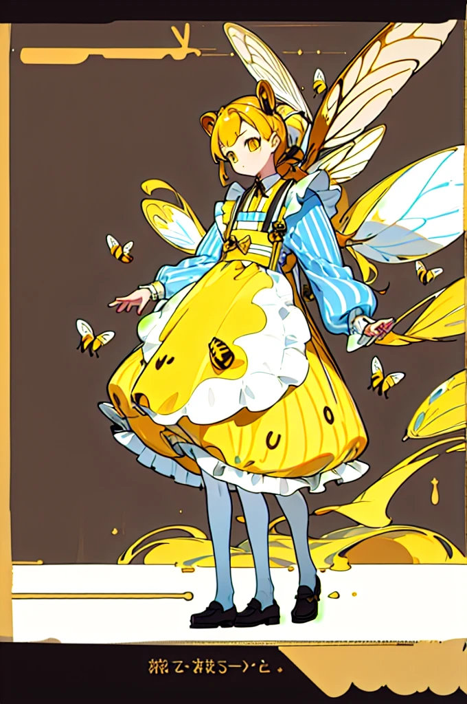 (Golden Ratio:1.2),[White background:1.4)::10],(masterpiece), (Highest quality), (Super detailed),制Clothing design、Clothing design、apron、sweets屋さんの服、Yellow Stripes、Frills、sweets、On the theme of brown and yellow、two kinds、For men、For women、Design drawing、melt、Honey、Bee design、men and women、two kindsのデザインを並べて、men and women 、(Reference Sheet)