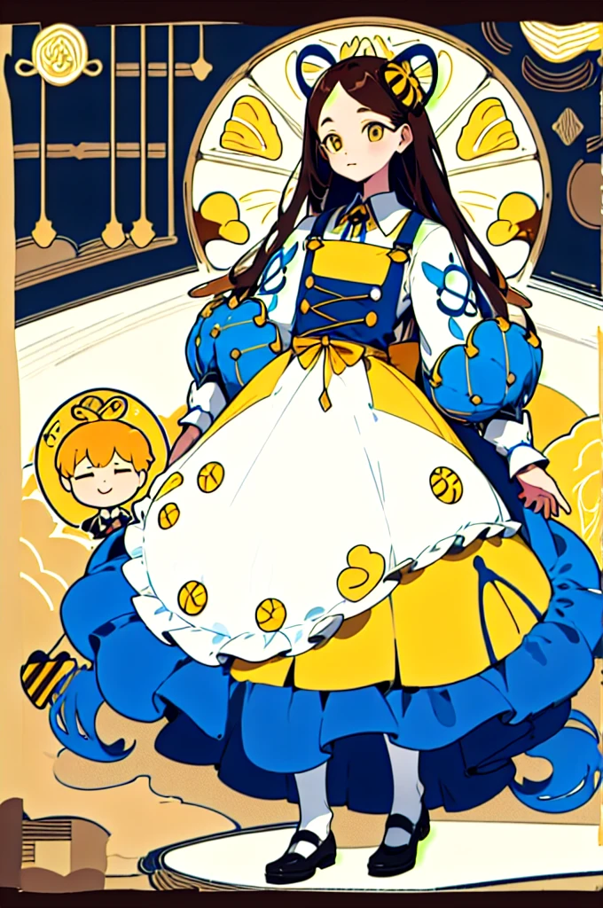 (Golden Ratio:1.2),[White background:1.4)::10],(masterpiece), (Highest quality), (Super detailed),制Clothing design、Clothing design、apron、sweets屋さんの服、Yellow Stripes、Frills、sweets、On the theme of brown and yellow、two kinds、For men、For women、Design drawing、melt、Honey、Bee design、men and women、two kindsのデザインを並べて、men and women 、(Reference Sheet)