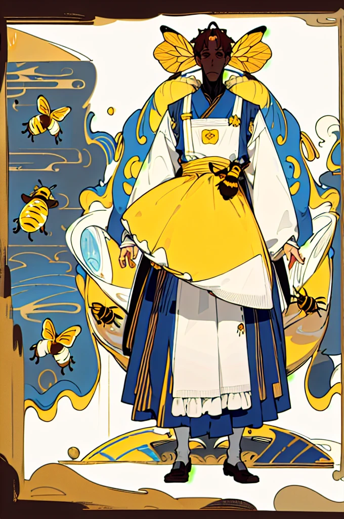 (Golden Ratio:1.2),[White background:1.4)::10],(masterpiece), (Highest quality), (Super detailed),制Clothing design、Clothing design、apron、sweets屋さんの服、Yellow Stripes、Frills、sweets、On the theme of brown and yellow、two kinds、For men、For women、Design drawing、melt、Honey、Bee design、men and women、two kindsのデザインを並べて、men and women 、(Reference Sheet)