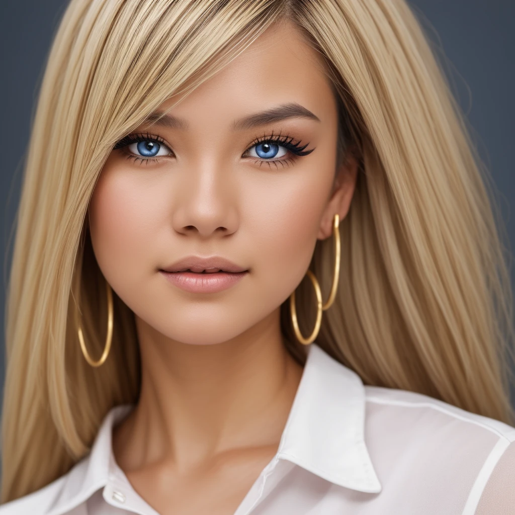A young 19-year-old woman named Lila Nakamura with a Northern European heritage. She has thick dark black eyeliner, glossy lips, and a cute, endearing expression. She has straight, blonde hair that falls just past her shoulders, styled in a neat and polished manner. Her eyes are almond-shaped with a light, striking blue color, accentuated by subtle eyeshadow and mascara. Her skin has a light tone with a natural, fresh look. She is wearing a simple, professional outfit, consisting of a white blouse and dark jeans, and accessorized with small gold hoop earrings. The background is a neutral studio setting with soft lighting to highlight her features.