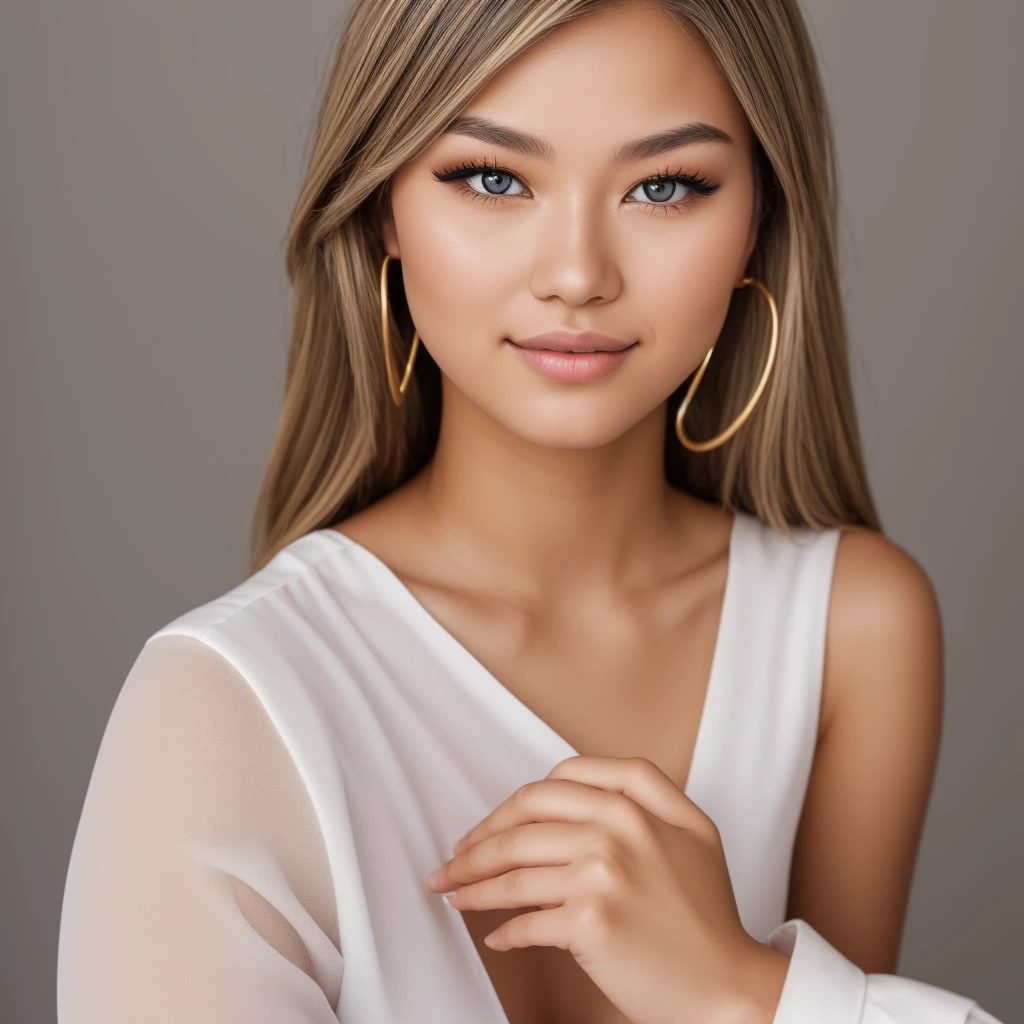 A young 19-year-old woman named Lila Nakamura with a Northern European heritage. She has thick dark black eyeliner, glossy lips, and a cute, endearing expression. She has straight, blonde hair that falls just past her shoulders, styled in a neat and polished manner. Her eyes are almond-shaped with a light, striking blue color, accentuated by subtle eyeshadow and mascara. Her skin has a light tone with a natural, fresh look. She is wearing a simple, professional outfit, consisting of a white blouse and dark jeans, and accessorized with small gold hoop earrings. The background is a neutral studio setting with soft lighting to highlight her features.
