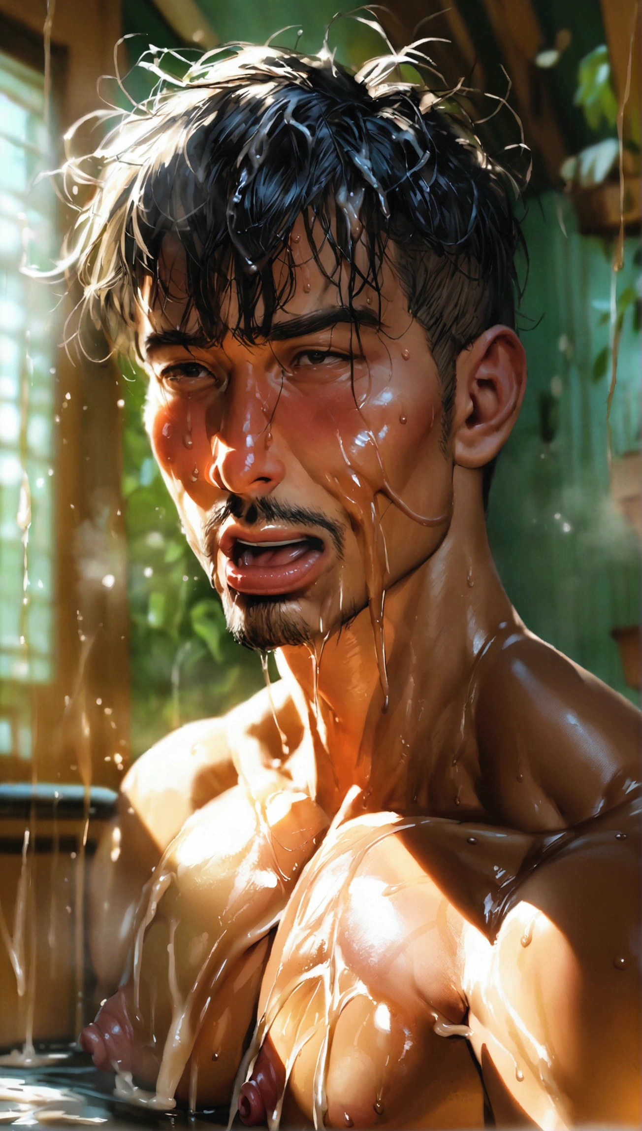 full angle, full body, super realistic, dramatic lighting, asian handsome mature daddy with huge nipples and high orgasmic expression and wide-open mouth, sucking young boy's penis, sticky slimy semen all over his face and body, slimy sperms all over the room, sweating, porno