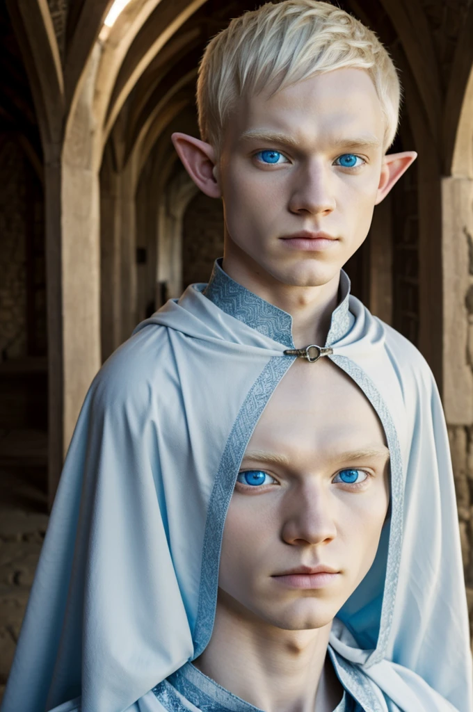 albino, elf, man, blue eyes, bright Eyes, medieval shelter, short hair