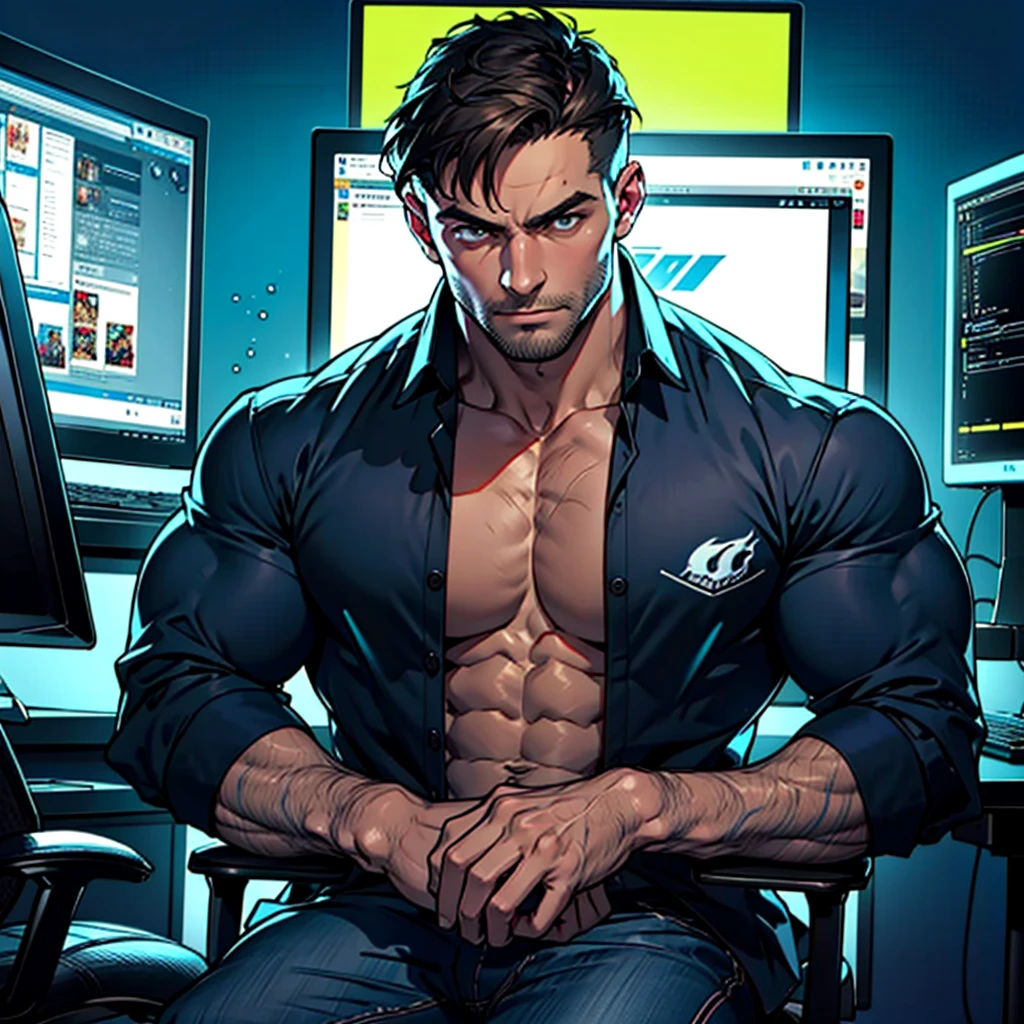 1 guy, open shirt, gaming chair, video games, dark room, RGB light, toned male, nice hands, perfect hands. facing toward computer, dark hair, semi-realism, masculine ((Strong men&#39;s:1.3)),((black hair:1.3)),(Shiny marble eyes:1.45),(NSFW:1.15),((very short hair:1.2)),(A lustrous, soft face:1.4),((blush、Mischievous Smile、Excited face:1.2)),((head down:1.3)),((Short sleeve:1.3)),(black、yellow、white、pink),((beautiful image:1.2)),((high Quality:1.2)),((perfect pixiv:1.2)),upper body