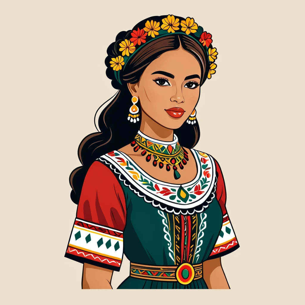 mexican woman in folk outfit, vector graphics, strong contours
