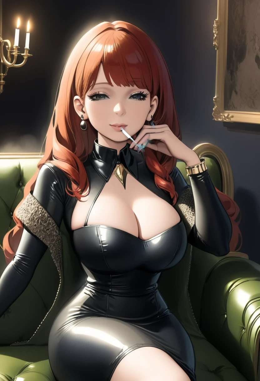 long redhead, milf, big tits, (long latex black dress, intricate), cleavage, long platform boots, inside mansion, sitting on leather couch, dark ambience, (smoking cigarette), red plump lips, exhaling smoke, sexy smile, slim waist, night, (smoke ambience), curvy,  earrings, jewelry, anime, detailed,