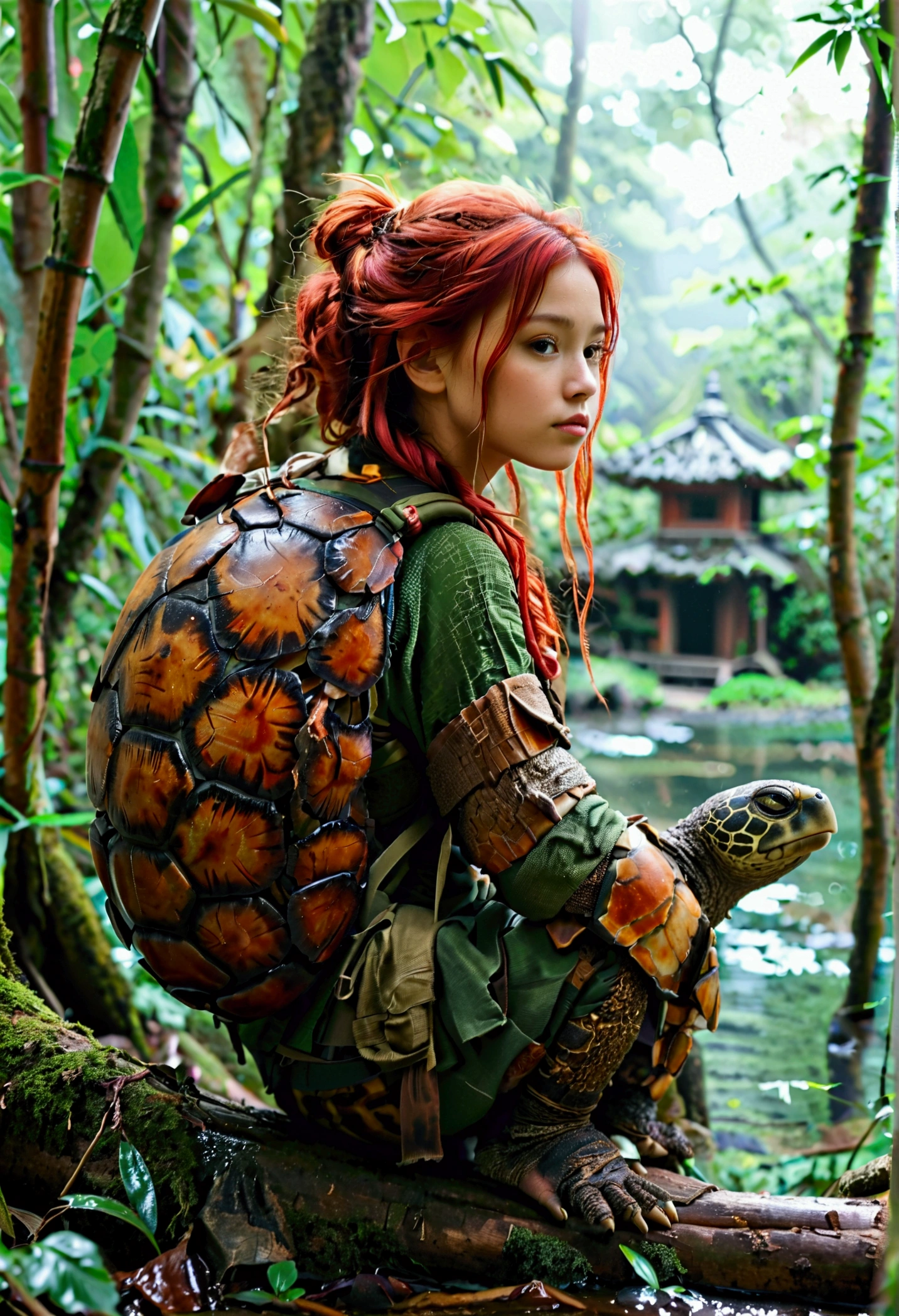 color photo of a girl-turtle. She bears cracks on her body, vibrant red hair cascading down, and a turtle shell that serves as a practical backpack for her belongings. Her humble abode is nestled within a serene bamboo grove, with a samurai house in the background, exuding an air of tranquility and mystery.
—c 10 —ar 2:3