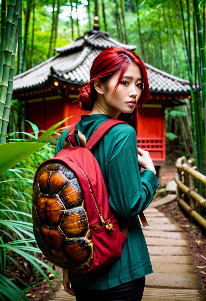 color photo of a girl-turtle. She bears cracks on her body, vibrant red hair cascading down, and a turtle shell that serves as a practical backpack for her belongings. Her humble abode is nestled within a serene bamboo grove, with a samurai house in the background, exuding an air of tranquility and mystery.
—c 10 —ar 2:3