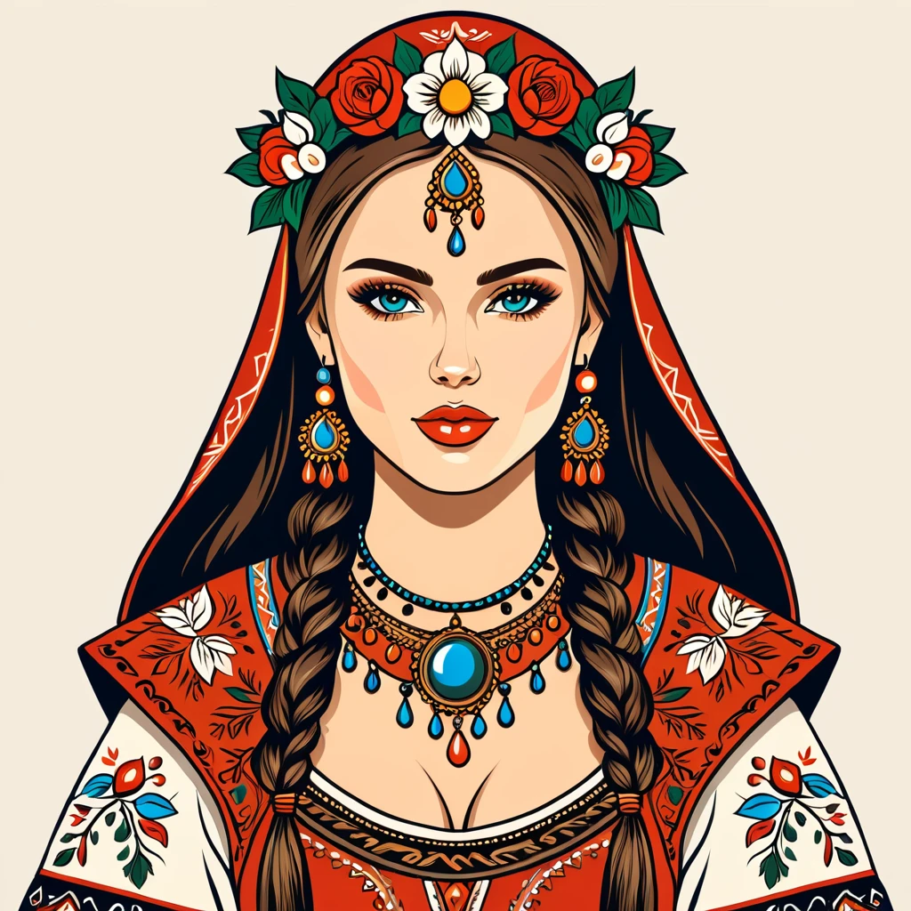 fantasy woman in folk outfit, vector graphics, strong contours