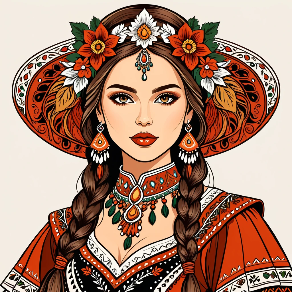 fantasy woman in folk outfit, vector graphics, strong contours
