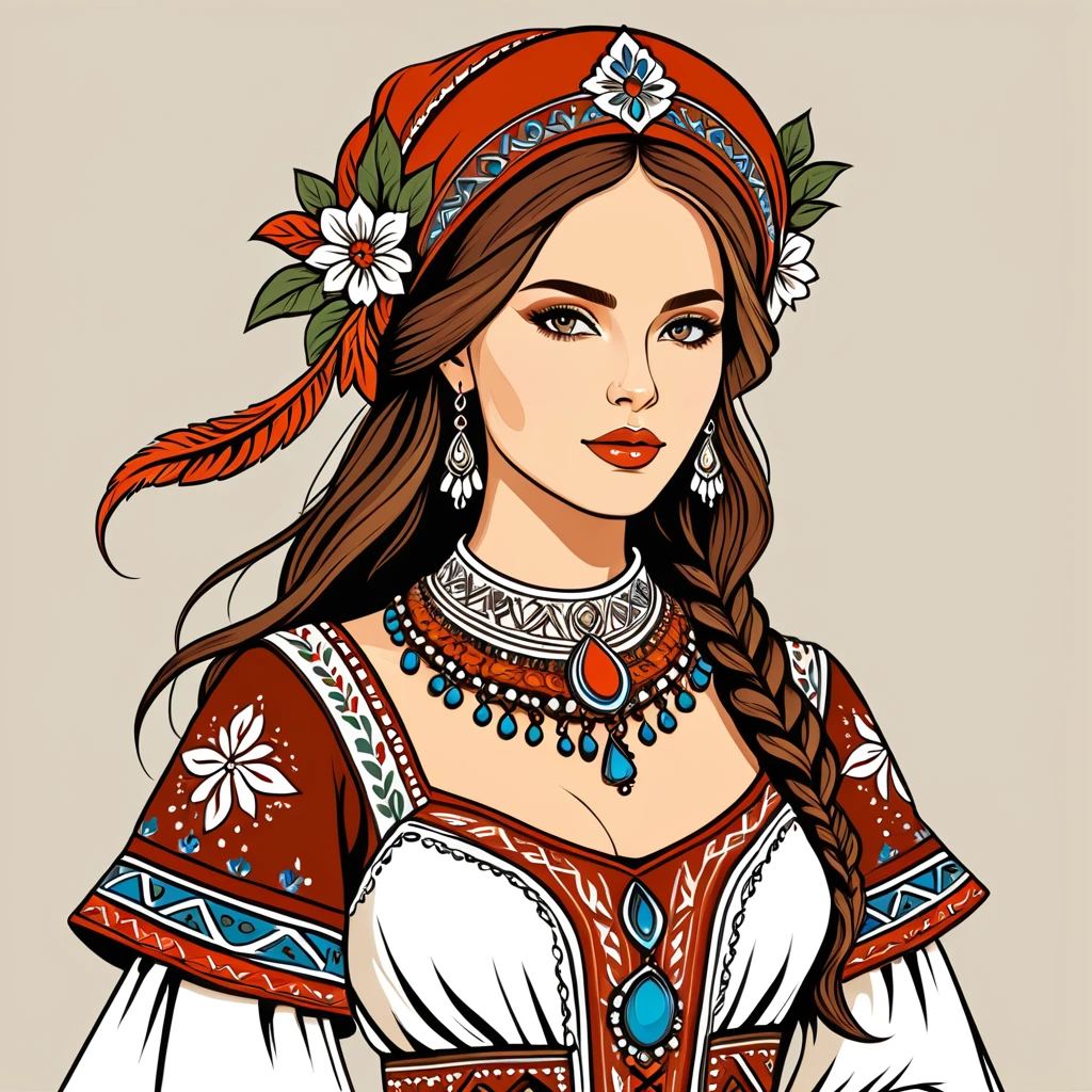 fantasy woman in folk outfit, vector graphics, strong contours