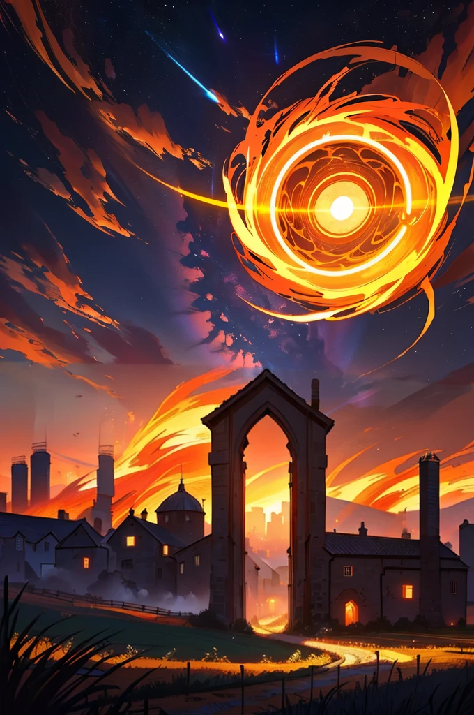 redraw in greater detail, landscape, fields, medieval farms burning a city in the distance