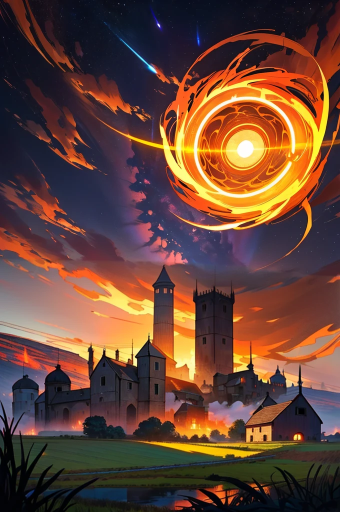redraw in greater detail, landscape, fields, medieval farms burning a city in the distance