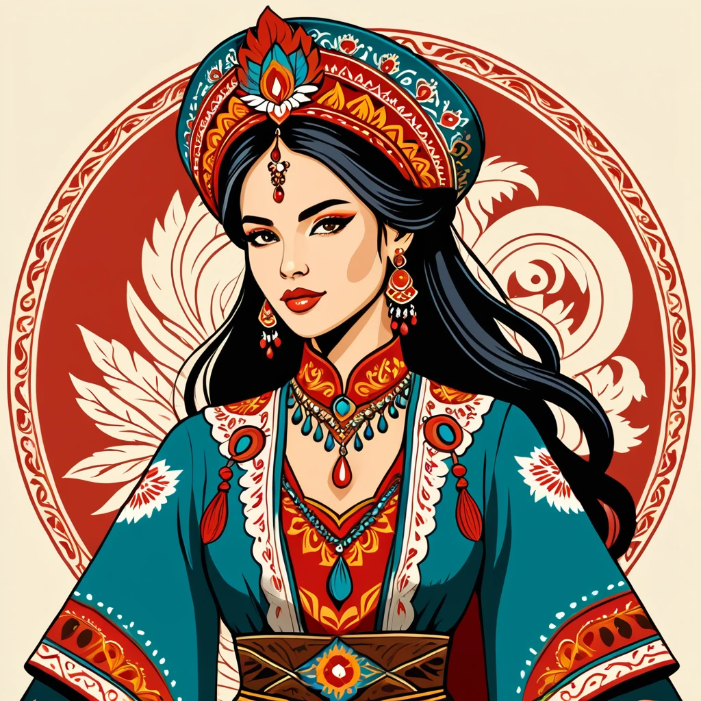 dragon woman in folk outfit, vector graphics, strong contours