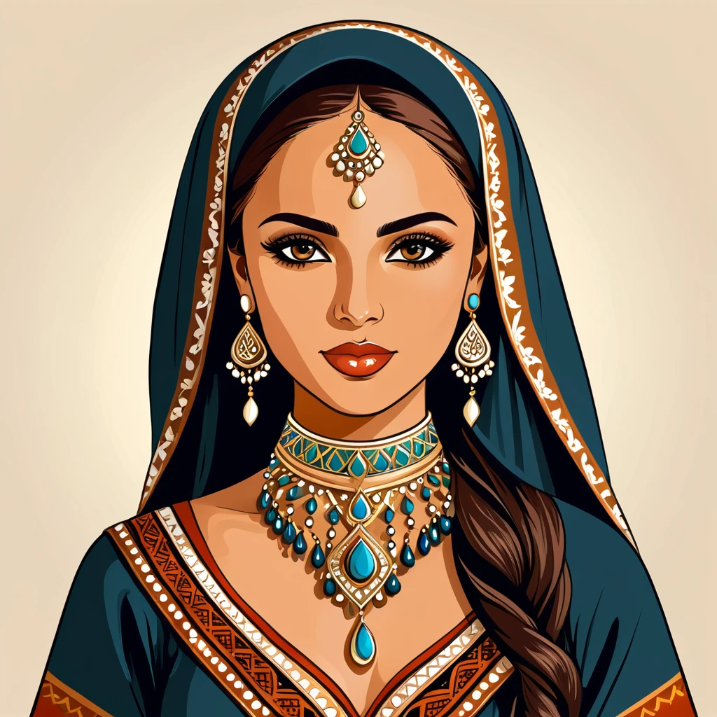 arabian woman in folk outfit, vector graphics, strong contours

