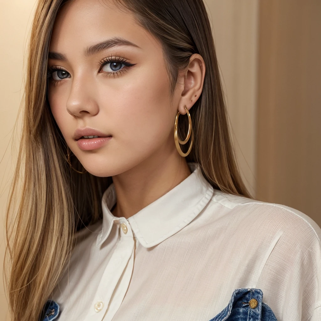 A young 19-year-old woman named Lila Nakamura with a Northern European heritage. She has thick dark black eyeliner, glossy lips, and a cute, endearing expression. She has straight, blonde hair that falls just past her shoulders, styled in a neat and polished manner. Her eyes are almond-shaped with a light, striking blue color, accentuated by subtle eyeshadow and mascara. Her skin has a light tone with a natural, fresh look. She is wearing a simple, professional outfit, consisting of a white blouse and dark jeans, and accessorized with small gold hoop earrings. The background is a neutral studio setting with soft lighting to highlight her features.