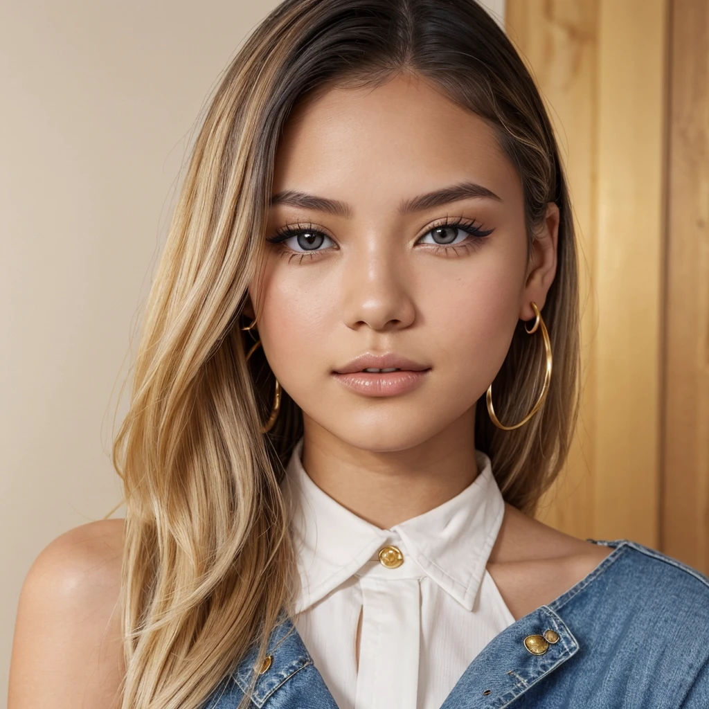 A young 19-year-old woman named Lila Nakamura with a Northern European heritage. She has thick dark black eyeliner, glossy lips, and a cute, endearing expression. She has straight, blonde hair that falls just past her shoulders, styled in a neat and polished manner. Her eyes are almond-shaped with a light, striking blue color, accentuated by subtle eyeshadow and mascara. Her skin has a light tone with a natural, fresh look. She is wearing a simple, professional outfit, consisting of a white blouse and dark jeans, and accessorized with small gold hoop earrings. The background is a neutral studio setting with soft lighting to highlight her features.
