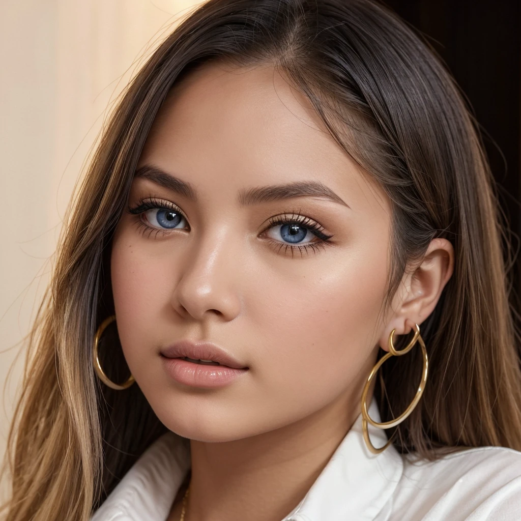 A young 19-year-old woman named Lila Nakamura with a Northern European heritage. She has thick dark black eyeliner, glossy lips, and a cute, endearing expression. She has straight, blonde hair that falls just past her shoulders, styled in a neat and polished manner. Her eyes are almond-shaped with a light, striking blue color, accentuated by subtle eyeshadow and mascara. Her skin has a light tone with a natural, fresh look. She is wearing a simple, professional outfit, consisting of a white blouse and dark jeans, and accessorized with small gold hoop earrings. The background is a neutral studio setting with soft lighting to highlight her features.