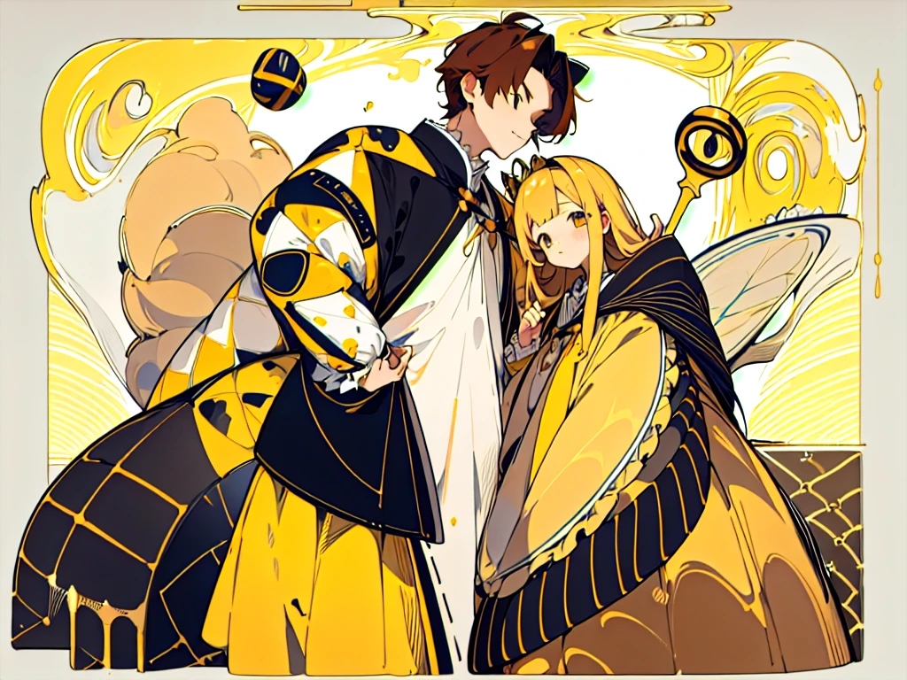(Golden Ratio:1.2),[White background:1.4)::10],(masterpiece), (Highest quality), (Super detailed),制Clothing design、Clothing design、apron、sweets屋さんの服、Yellow Stripes、Frills、sweets、On the theme of brown and yellow、two kinds、For men、For women、Design drawing、melt、Honey、Bee design、men and women、two kindsのデザインを並べて、cool、cool