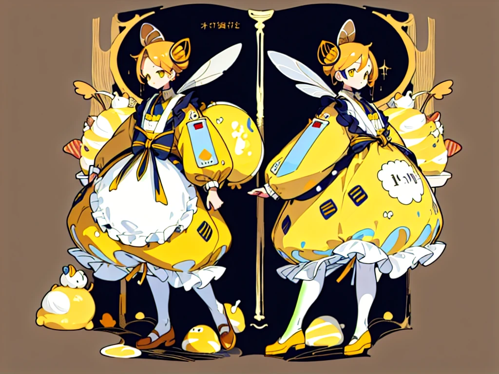 (Golden Ratio:1.2),[White background:1.4)::10],(masterpiece), (Highest quality), (Super detailed),制Clothing design、Clothing design、apron、sweets屋さんの服、Yellow Stripes、Frills、sweets、On the theme of brown and yellow、two kinds、For men、For women、Design drawing、melt、Honey、Bee design、men and women、two kindsのデザインを並べて、cool、cool