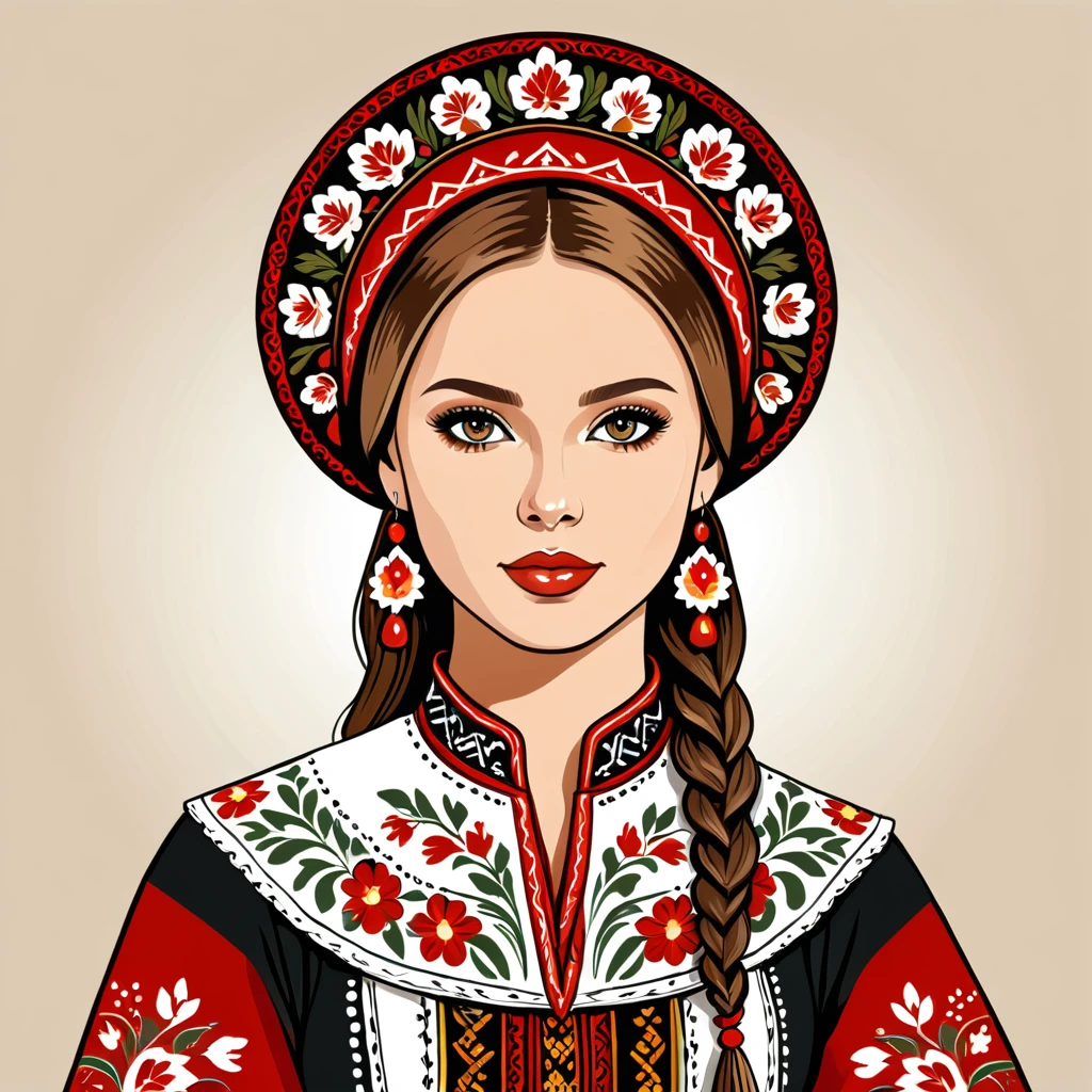 russian woman in folk outfit, vector graphics, strong contours