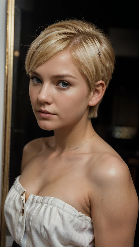 (oil painting, Masterpiece, Best Quality, ultra detailed, focus on character), Short blonde hair, ([Back:0.8]|[ face facing Backwards:1.1]), serious face, ([cold scenario:1.2]|[ snowy Background:1.3]| [High contrast:1.1])  