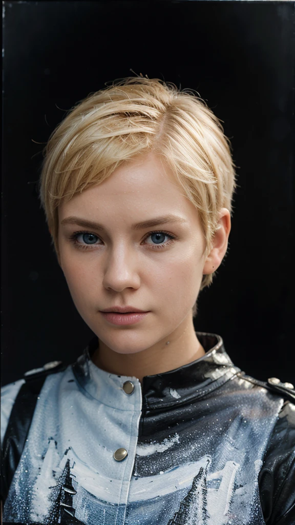 (oil painting, Masterpiece, Best Quality, ultra detailed, focus on character), Short blonde hair, ([Back:0.8]|[ face facing Backwards:1.1]), serious face, ([cold scenario:1.2]|[ snowy Background:1.3]| [High contrast:1.1])  