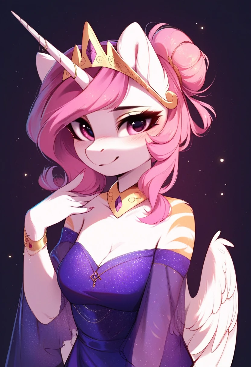 check_9, check_8_up, check_7_up, source_fluffy, rating_safe, from Magnaluna, Celestia poses seductively in a white bedroom, dark pink mane with gold stripes in it, hair bun with bangs, pink eyes, white body, anthro, blushing, wearing see through purple dress