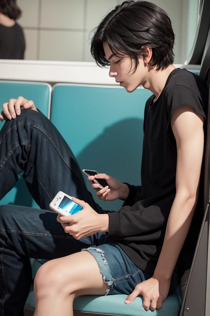 Animation of a brunette boy with black hair playing on his cell phone 