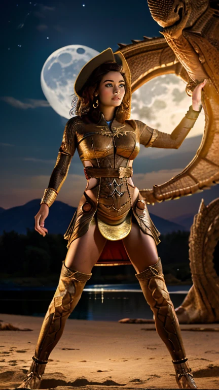 UHD realistic photography of a 35 year old Egyptian woman with bronze skin and a sporty body, woman wearing a biomechanical dress embroidered with dragons, woman standing in a moving pose in front of a lake at night in the moonlight, looking into the camera, stands movingly facing the camera