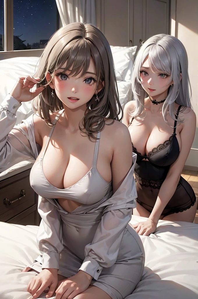 Masterpiece, Top Quality, (2 Girls:1.3), Big Tits, Gray Eyes, Romance Gray Hair, Messy Hair, Giggle, Gray Underwear, Top Half, Leaning Forward, (Cleavage:1.2), Cute, Looking Up, Sweet, Blush, Top Half, Top Half Up, (Breasts Up:1.2), Midnight, Bedroom On bed