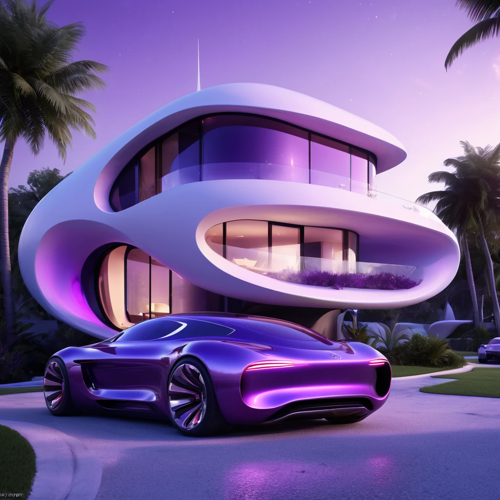 a futuristic house with a car parked in front of it, cgsocietywlop, beautiful curves, purple glow, intricate devilish designs, qualia, interesting shapes & form, wow factor, elaborate polished, architectural rendering, miami, futuristic battlefield, inspired by James E. Brewton, precise architectural rendering