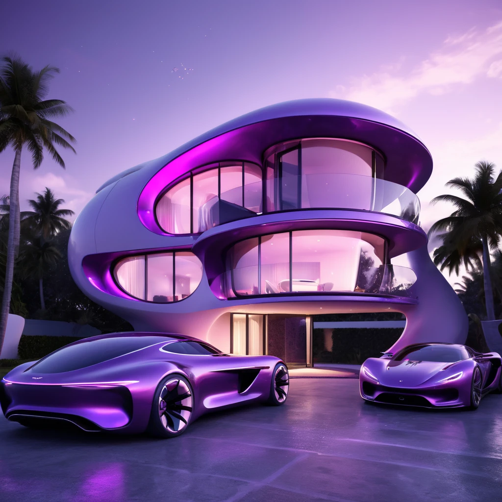 a futuristic house with a car parked in front of it, cgsocietywlop, beautiful curves, purple glow, intricate devilish designs, qualia, interesting shapes & form, wow factor, elaborate polished, architectural rendering, miami, futuristic battlefield, inspired by James E. Brewton, precise architectural rendering
