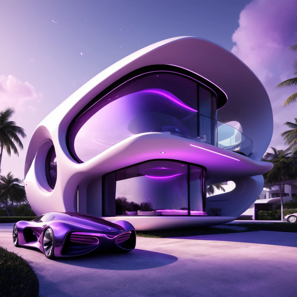 a futuristic house with a car parked in front of it, cgsocietywlop, beautiful curves, purple glow, intricate devilish designs, qualia, interesting shapes & form, wow factor, elaborate polished, architectural rendering, miami, futuristic battlefield, inspired by James E. Brewton, precise architectural rendering