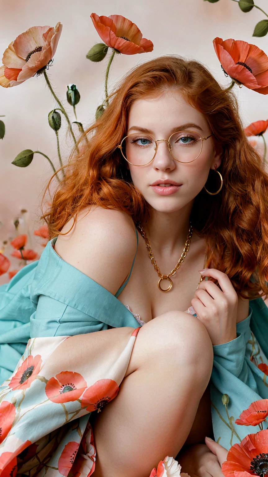 **Analog photography of a redhead girl, 18 years old, with blue eyes, soft makeup, and bold pink puffy lips. Her curly hair frames her very pale skin, highlighting her huge round breasts, she is dressed in a lingerie-set, and gold-wide chains. Oversized eyeglasses(that frame her face), and wears platform-heels on feet.** She is captured on a cute print-blanket, (her mouth is slightly open, her lips almost touching her shoulder), Ethereal atmosphere, The fine art style, attention to details and soft pastel color palette creates a narrative that's both enchanting and delightful. Second Exposure: An overlay of a poppy-flowers. Description: ((The double exposure creates a magical blend where the girl appears to be part of the natural poppy flowers-symbolizing the harmony between humanity and nature. The Chemistry-print background give the image a scientific-like quality)).
