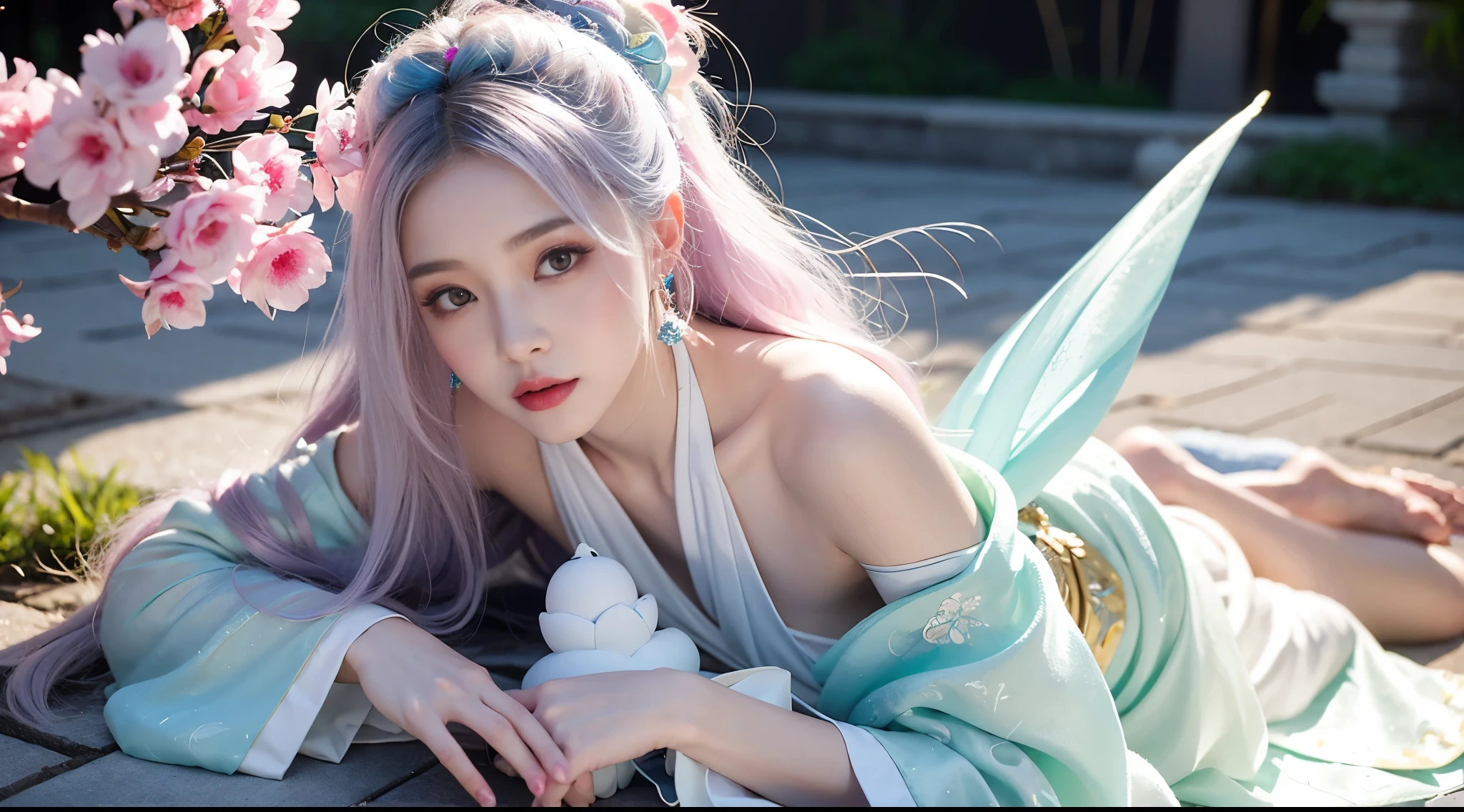 Close-up of woman in costume,Beautiful celestial magician,Amazing young ethereal figure,shaxi,Flowing magic robe,White Hanfu,xianxia fantasy,belle delphine,Ethereal fantasy,Elegant and charming role play,Half lying on the ground,Feminine and colorful,It's a mess,Night view,Lots of neon