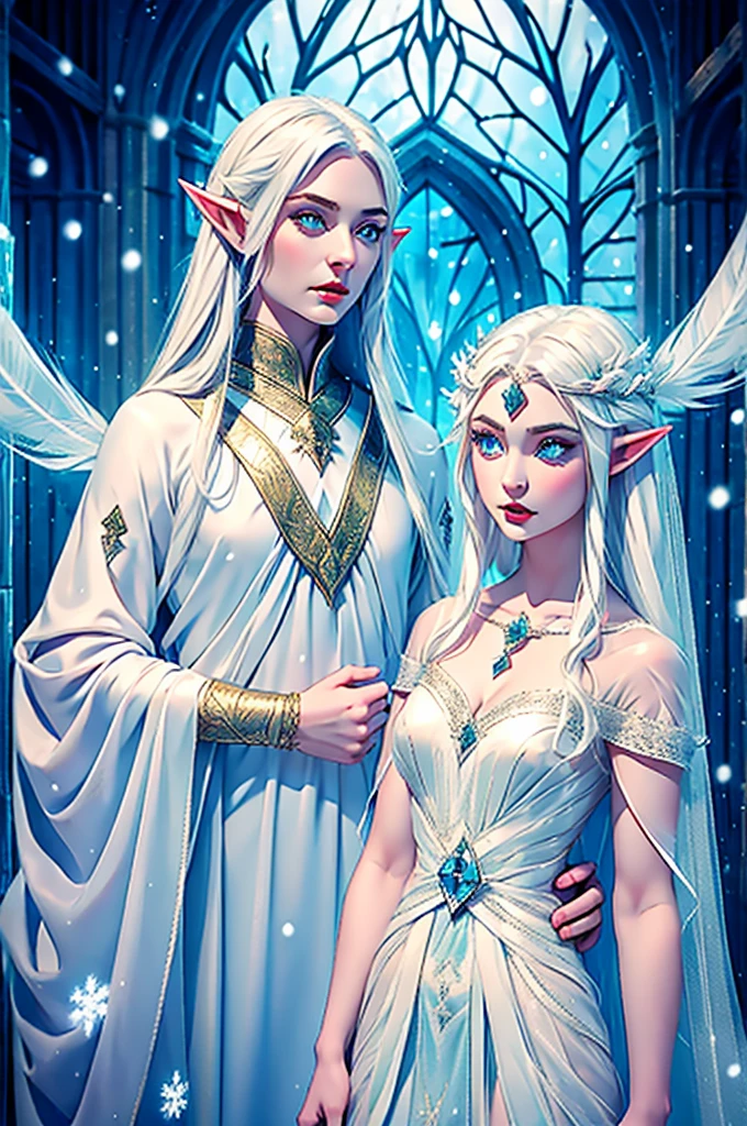 Female Elf with Ice white eyes, Wearing a high necked silk and organza dress entirely covering her body is a Snow Elf ambassador with white hair and feathers in her hair clear to ice white eyes pale skin Elf elven woman ambassador