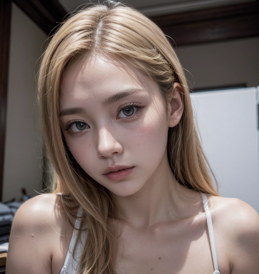 1 girl , standing alone, hair blonde, tatoo, long hair, ha, jewerly, ssmile, necklase, looking at the audience, realisitic, trunk, clavicle, cherry tatoo, eyes browns, lips, rewarded photography, bokeh, Depth of field, HDR, blossom