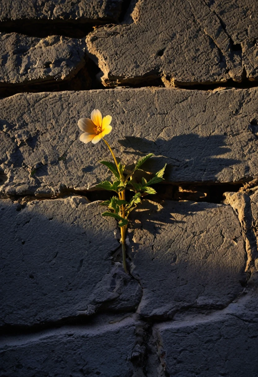 a wild flower growing in a crack in a wall, extremely detailed photograph, crepuscular lighting, fujifilm provia 400x, massurrealism, luminous shadows, renaissance-inspired chiaroscuro, HDRI