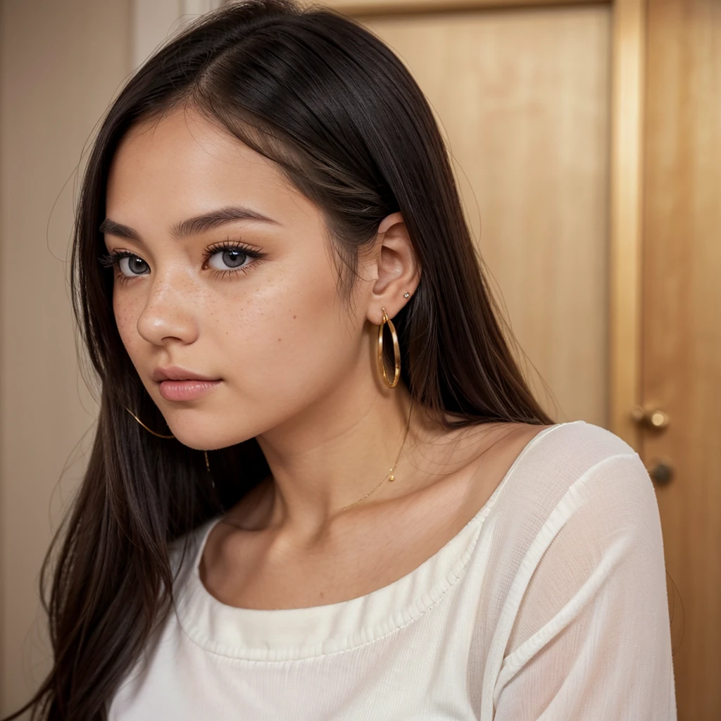 new friend, beautiful, kind, cute, realistic, female, , Thai Ethnicity, honey skin color, medium length hair, straight, knit, small mouth shape. Wear earrings and a necklace.. Tall and slender, Wear clean clothes. Be in a classroom with other students, ทั้งชายและfemale มีเพื่อนที่เป็นผู้femaleอีกคนหนึ่ง. Medium camera angle