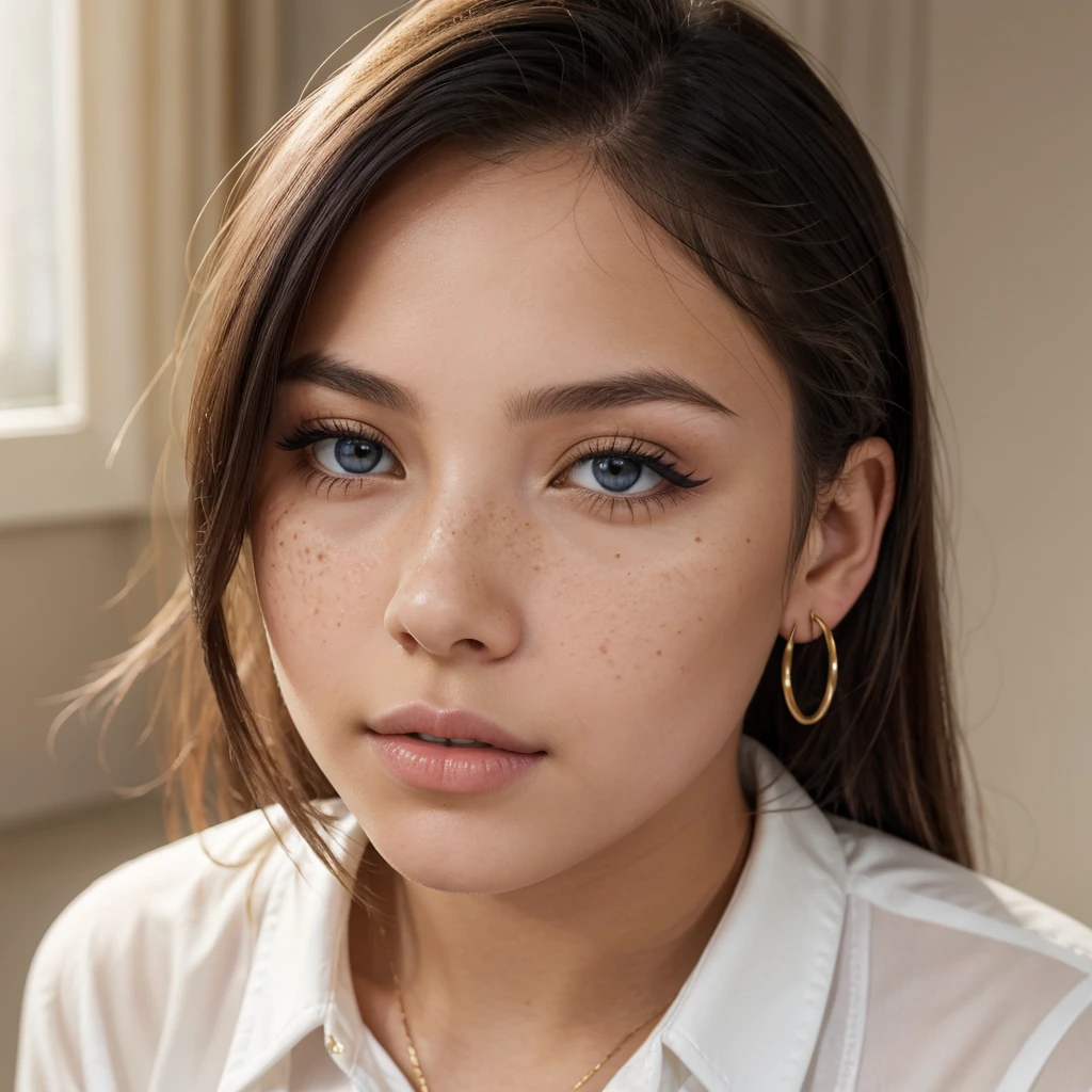 A young 19-year-old woman named Lila Nakamura with a Northern European heritage. She has thick dark black eyeliner, glossy lips, and a cute, endearing expression. She has straight, beautiful blonde hair that falls just past her shoulders, styled in a neat and polished manner. Her eyes are almond-shaped with a light, striking blue color, accentuated by subtle eyeshadow and mascara. Her skin has a light tone with a natural, fresh look, and she has a few delicate freckles across her nose. She is wearing a simple, professional outfit, consisting of a white blouse and dark jeans, and accessorized with small gold hoop earrings. The background is a neutral studio setting with soft lighting to highlight her features.
