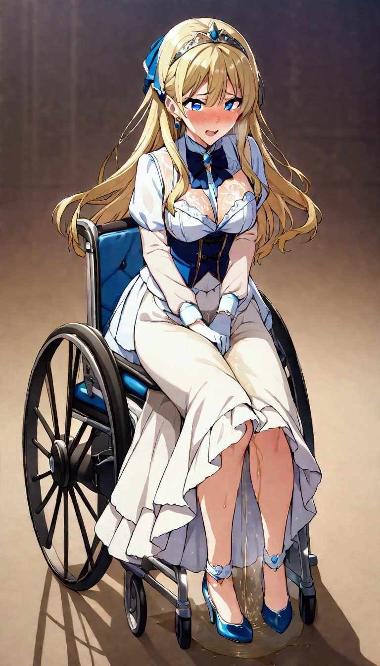anime. 1 Girl. Cute girl. Princess. Disabled person. Blonde. Long hair. Wavy hair. Blue eyes. Beautiful eyes. Beautiful eyes. Expressive eyes. Ideal face. beautiful nose. 16 years. Medium breasts. Beautiful breasts. Urinary incontinence. Wants to pee. I need to pee. A strong, desperate urge to pee. Hands on crotch. He squeezes his crotch tightly. Rubs the crotch. She peed herself. Urine
flows down your thighs. Ideal anatomical body. Beautiful long legs. Diadem. Neat earrings. Pearl necklace. Luxurious white dress. Victorian style dress. White gloves. Heeled shoes. Wheelchair. Sits in a wheelchair. Full height.
The Royal Castle. Royal Garden. Beautiful character design. Shiny skin. Full body. NSFW. Official art. Extremely detailed CG Unity 8k wallpaper. Ideal lighting. Ultra high resolution 4K. Super detailed 8K resolution. A high resolution. Masterpiece. Best quality.